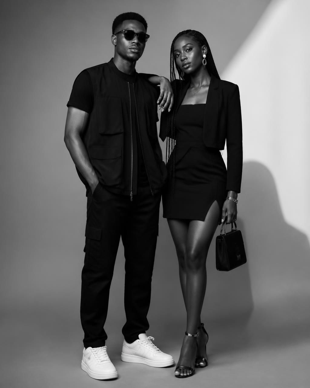 Two stylish university students in sleek black and white campus fashion from The Catalog by AJ